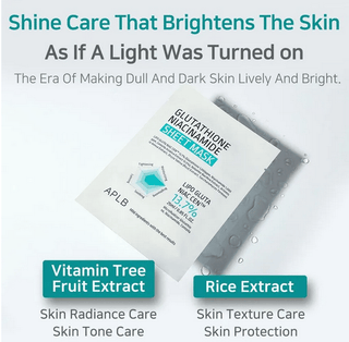 APLB Glutathione Niacinamide Face Sheet Mask 25mL, soothing skincare mask with brightening ingredients, shown in packaging.