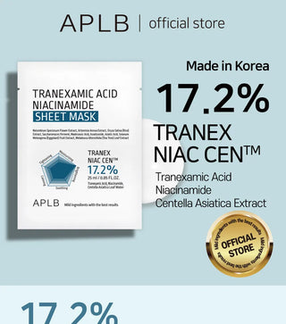 APLB Tranexamic Acid and Niacinamide face sheet mask showing the sheet mask soaked with serum in a transparent package.