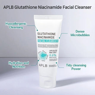 APLB Glutathione and Niacinamide Facial Cleanser 80ml bottle with pump, designed for gentle skin cleansing and brightening.