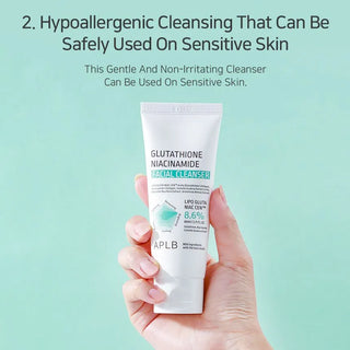 APLB Glutathione Niacinamide Facial Cleanser 80ml bottle with white pump, designed for gentle skin cleansing and brightening.