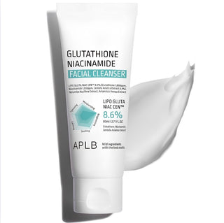 APLB Glutathione Niacinamide Facial Cleanser bottle, 80ml, with clear label and pump dispenser for gentle skin cleansing.