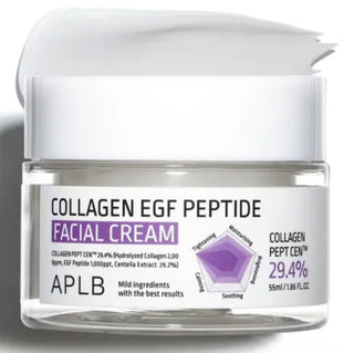 APLB Collagen EGF Peptide Facial Cream 55ML jar showing creamy texture and elegant packaging for youthful skin care.