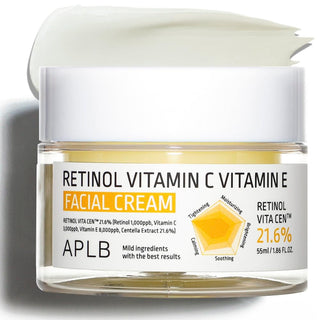 APLB Retinol Vitamin C Vitamin E facial cream in a 55ML jar with a smooth, creamy texture and a clean, minimalist label.