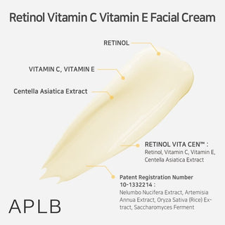 APLB retinol, vitamin C, and vitamin E facial cream in a 55ml jar, shown with the product label and cream texture visible.