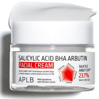 APLB Salicylic Acid BHA Arbutin Facial Cream in 55ML jar, smooth skincare product for acne and skin brightening.