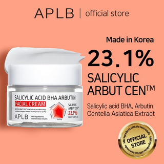 APLB Salicylic Acid BHA Arbutin Facial Cream in 55ml jar, featuring a white and blue container for clear, blemish-prone skin.