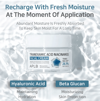 APLB Tranexamic Acid Niacinamide Facial Cream in 55mL jar showing smooth cream texture and product label for brightening skin.