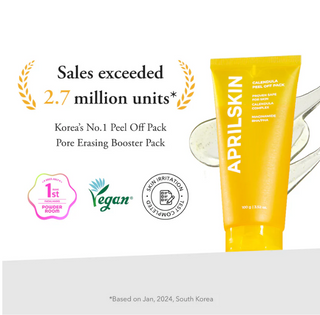 April Skin Calendula Peel Off Mask 100g, a face sheet mask with calendula extract, shown in a tub with the mask applied.