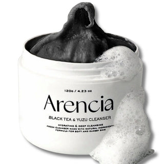 Arencia Black Tea Rice Mochi Cleanser 120g, a gentle facial cleanser with black tea and rice mochi ingredients in a white tube
