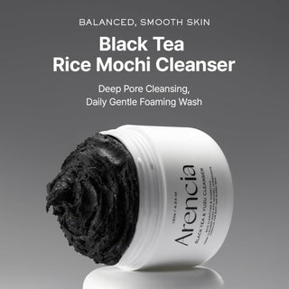 Arencia Black Tea Rice Mochi Cleanser 120g, gentle facial cleanser with black tea and rice mochi ingredients, suitable for all skin types.
