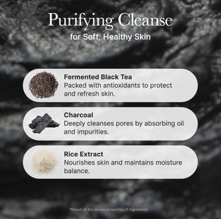 Arencia Black Tea Rice Mochi Cleanser 120g bottle with black and white packaging and product label visible.