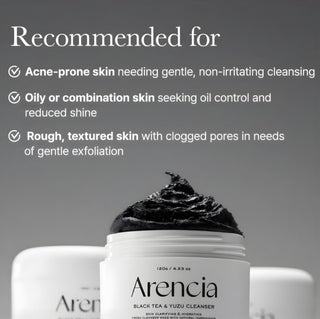 Arencia Black Tea Rice Mochi Cleanser in 120g container, featuring a gentle facial cleanser with black tea and rice mochi ingredients.