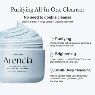 Arencia Fresh Blue Hyssop Rice Mochi Cleanser 120g, gentle facial cleanser with blue hyssop and rice extract, in a white tube.