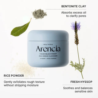 Arencia Fresh Blue Hyssop Rice Mochi Cleanser 120g in a white tube with blue accents, designed for gentle facial cleansing.