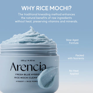 Arencia Fresh Blue Hyssop Rice Mochi Cleanser in 120g jar, showing the skincare product with blue and white packaging.