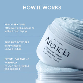 Arencia Fresh Blue Hyssop Rice Mochi Cleanser in 120g jar, featuring blue hyssop and rice mochi ingredients for gentle skincare.