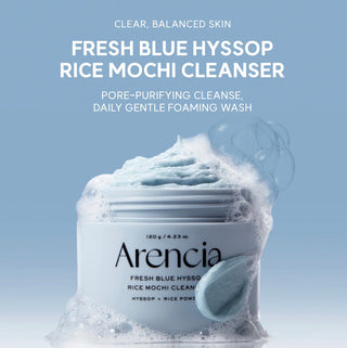 Arencia Fresh Blue Hyssop Rice Mochi Cleanser 120g, a gentle facial cleanser with blue hyssop and rice mochi ingredients.