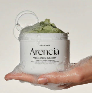 Arencia Fresh Green Rice Mochi Cleanser 120g in a white tube with green accents, designed for gentle facial cleansing.