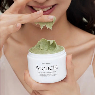Arencia Fresh Green Rice Mochi Cleanser 120g bottle with green packaging and product label, designed for gentle facial cleansing.