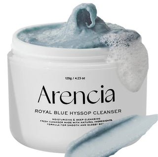 Arencia Royal Blue Hyssop Cleanser 120g in a white and blue tube with hyssop plant illustration, designed for gentle facial cleansing.