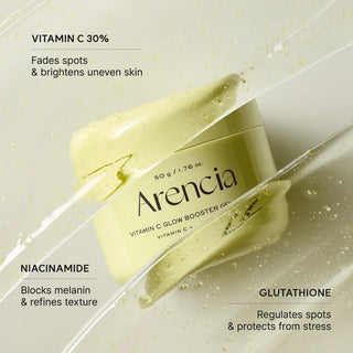 Arencia Vitamin C Glow Booster Gel Cream 50g, smooth cream texture with brightening ingredients, in a sleek jar.