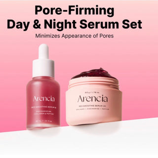 Arencia Pore Perfection Collagen Serum Duo bottles with clear packaging and dropper applicators, designed for skincare.