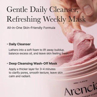 Arencia Fresh Rosehip Rice Mochi Facial Cleanser in 120g jar, showcasing the soft, pink mochi texture and rosehip extract ingredients.