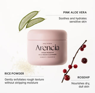 Arencia Fresh Rosehip Rice Mochi Facial Cleanser 120g with pink and white packaging, showcasing the product tube and label.