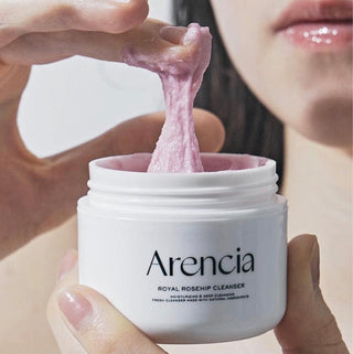 Arencia Fresh Rosehip Rice Mochi Facial Cleanser in 120g tube, showing the product with rosehip and rice mochi ingredients.