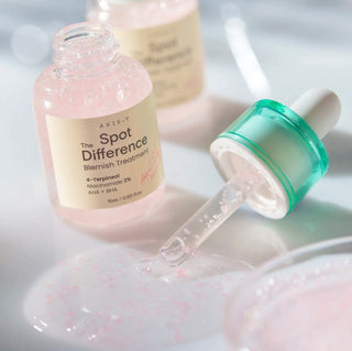 Ampoule bottle of AXIS-Y Spot The Difference Blemish Treatment, a skincare product for blemish reduction and skin clarity.