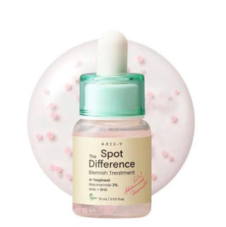 Axis-Y Spot The Difference Blemish Treatment ampoule, clear glass bottle with dropper for targeted blemish care.