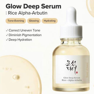 Beauty of Joseon Glow Deep Serum with rice and alpha-arbutin, a hydrating and brightening skincare serum in a sleek bottle.