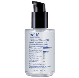 Belif Numero 10 Essence 50mL bottle, clear glass container with white label and dropper cap for skincare.