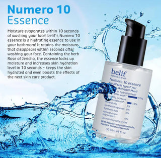 belif Numero 10 Essence 50mL bottle with clear label and dropper cap, showing the skincare product on a neutral background