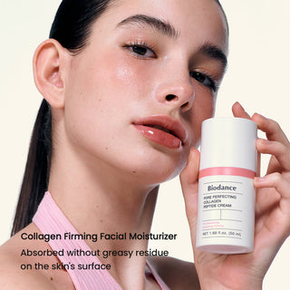Biodance pore perfecting collagen peptide cream in 50ml jar, smooth texture and skincare benefits visible in the image.
