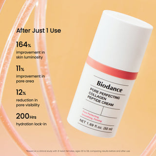 Biodance Pore Perfecting Collagen Peptide Cream 50ml jar with smooth cream texture, designed for pore reduction and skin firming.