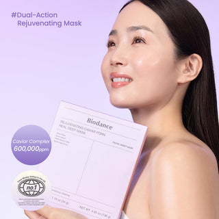 Biodance Rejuvenating Caviar PDRN real deep face mask in purple, showing the mask's textured surface and packaging.