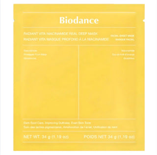 Biodance Radiant Vita Niacinamide Face Sheet Mask in yellow, 34g, showing the mask's sheet and packaging details.