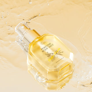 BOM Chiffon Vanilla perfume body mist 110ml bottle with floral design, showcasing the elegant packaging and product details.
