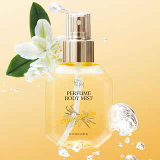 BOM Chiffon Vanilla perfume body mist in a 110ml spray bottle, featuring a light, floral vanilla scent for freshening up.