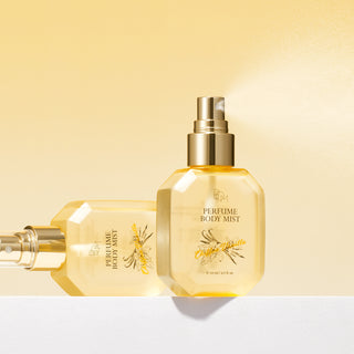 BOM Chiffon Vanilla Perfume Body Mist 110ml bottle with floral and vanilla scent, transparent spray nozzle on clear packaging.