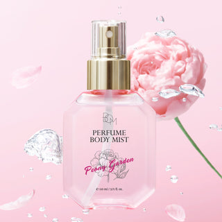 BOM Peony Garden perfume body mist 110ml bottle with floral design, fresh peony scent, and elegant packaging.