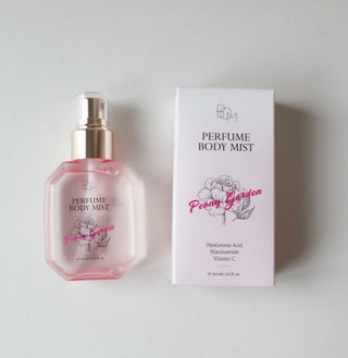 BOM Peony Garden perfume body mist 110ml spray bottle with floral label and elegant design.