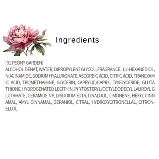BOM Peony Garden perfume body mist 110ml spray bottle with floral peony design on the label.