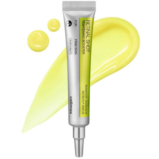 CELIMAX Retinal Shot Tightening Booster ampoule showing clear glass container with label, designed for skin firming and anti-aging.