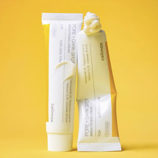 CELIMAX Pore+Dark Spot Brightening Cream in 35ml jar, featuring smooth cream texture for brightening and pore minimization.