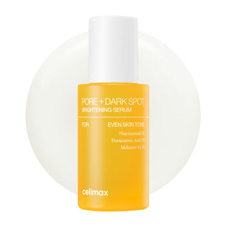 Celimax Pore+Dark Spot Brightening Serum 30ml bottle with clear label, showcasing a skincare serum for pore and dark spot brightening.