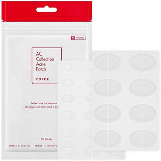 COSRX AC Collection Acne Patches with 26 patches in 3 sizes for targeting acne and blemishes on skin.