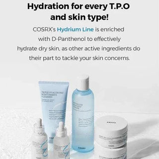 COSRX Hydrium Triple Hyaluronic Moisture Ampoule in a 40mL bottle, featuring a clear serum with hydrating hyaluronic acids.