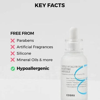 COSRX Hydrium Triple Hyaluronic Moisture Ampoule in a 40mL bottle, featuring clear liquid and a white pump dispenser.